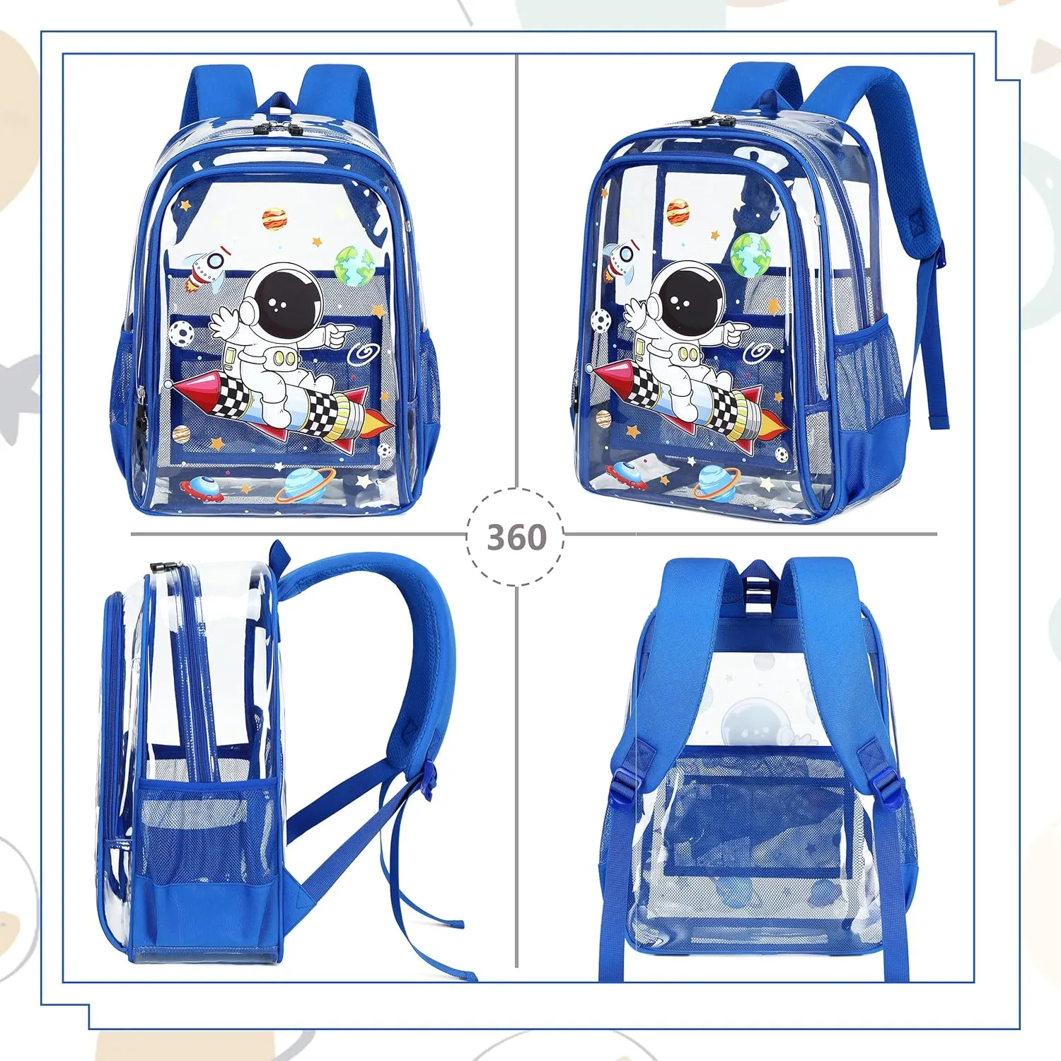 AO ALI VICTORY Clear Backpack for Boys Girls,15.6 Inch Kids Backpack Set with Lunch Bag Pencil Case PVC Elementary Bookbag for School Students See Through Transparent Travel Back Pack,Blue Astronaut