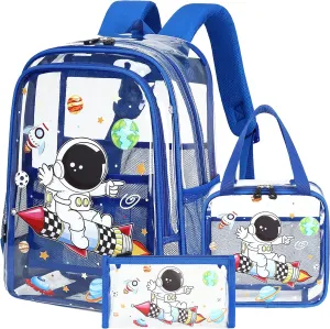 AO ALI VICTORY Clear Backpack for Boys Girls,15.6 Inch Kids Backpack Set with Lunch Bag Pencil Case PVC Elementary Bookbag for School Students See Through Transparent Travel Back Pack,Blue Astronaut
