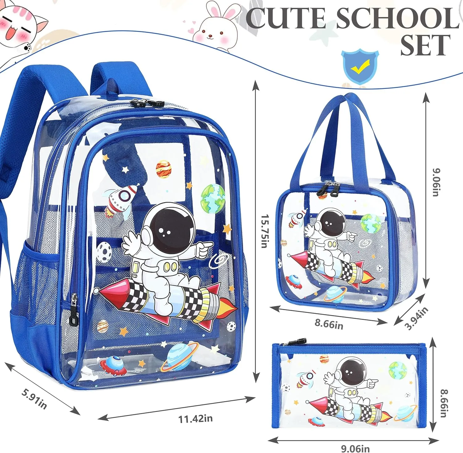 AO ALI VICTORY Clear Backpack for Boys Girls,15.6 Inch Kids Backpack Set with Lunch Bag Pencil Case PVC Elementary Bookbag for School Students See Through Transparent Travel Back Pack,Blue Astronaut