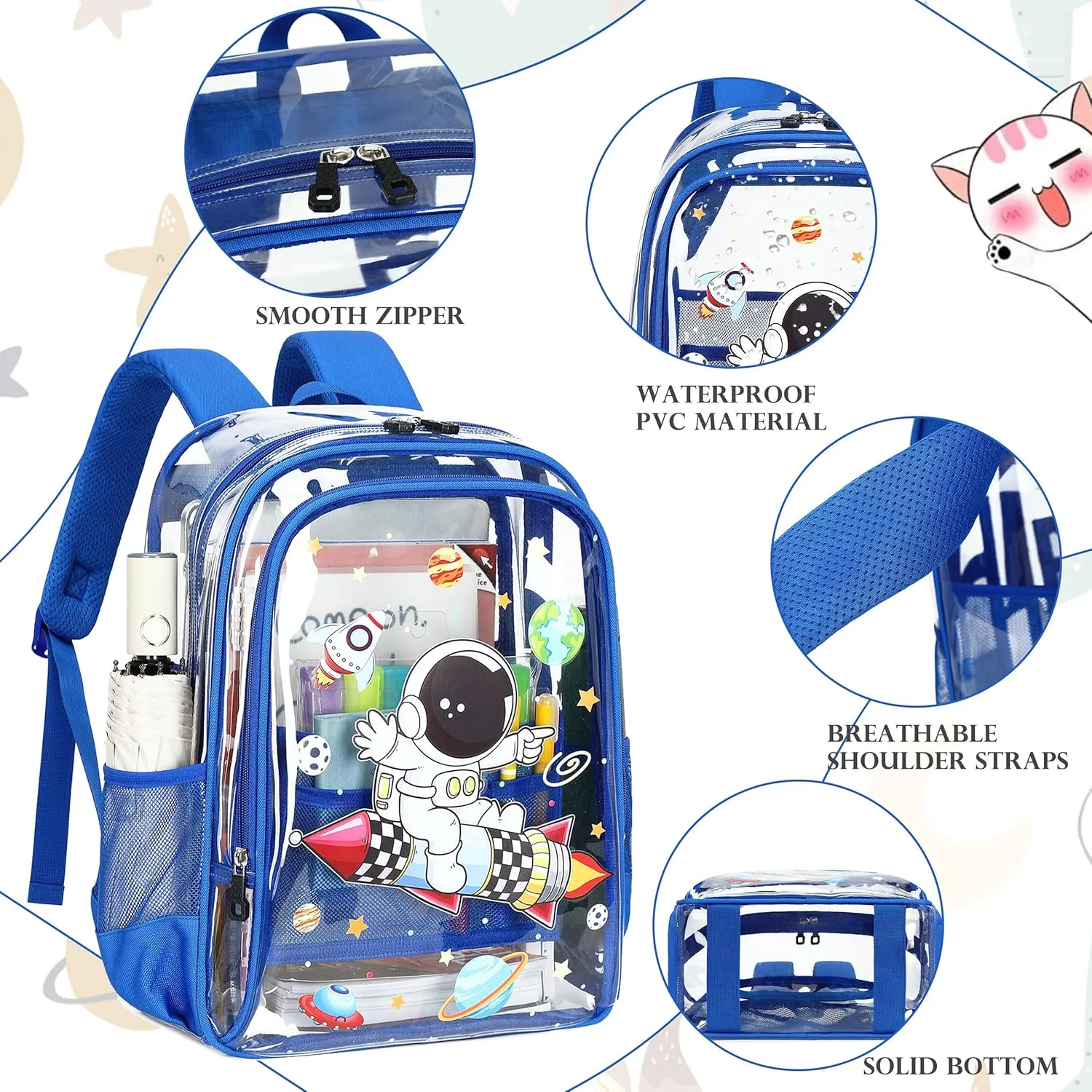 AO ALI VICTORY Clear Backpack for Boys Girls,15.6 Inch Kids Backpack Set with Lunch Bag Pencil Case PVC Elementary Bookbag for School Students See Through Transparent Travel Back Pack,Blue Astronaut