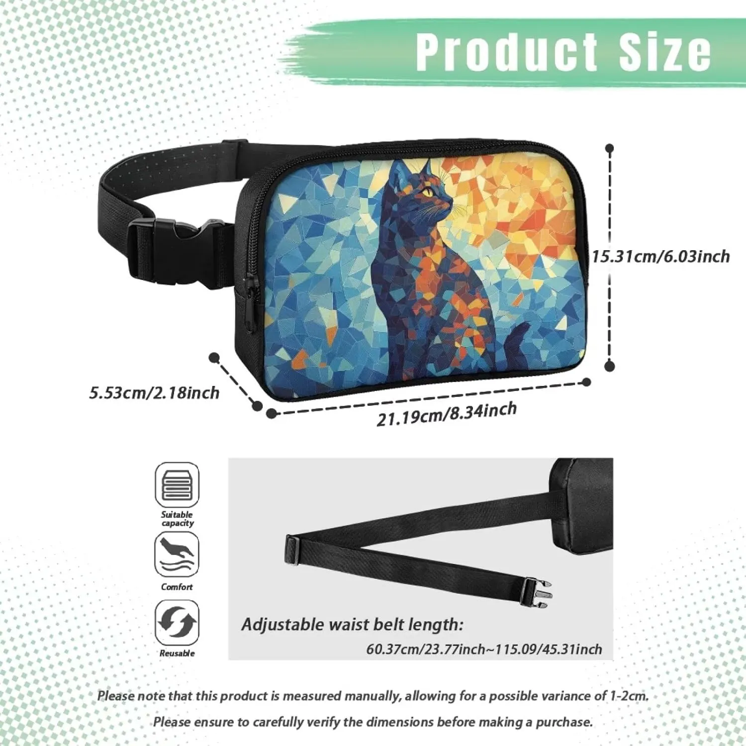 Art Cat Fanny Pack for Women Birthday Gifts for Women Sister Friends Practical Portable Waist Pack with Adjustable Strap for Travel Outdoor Shopping Blue Belt Bag Small Personalized