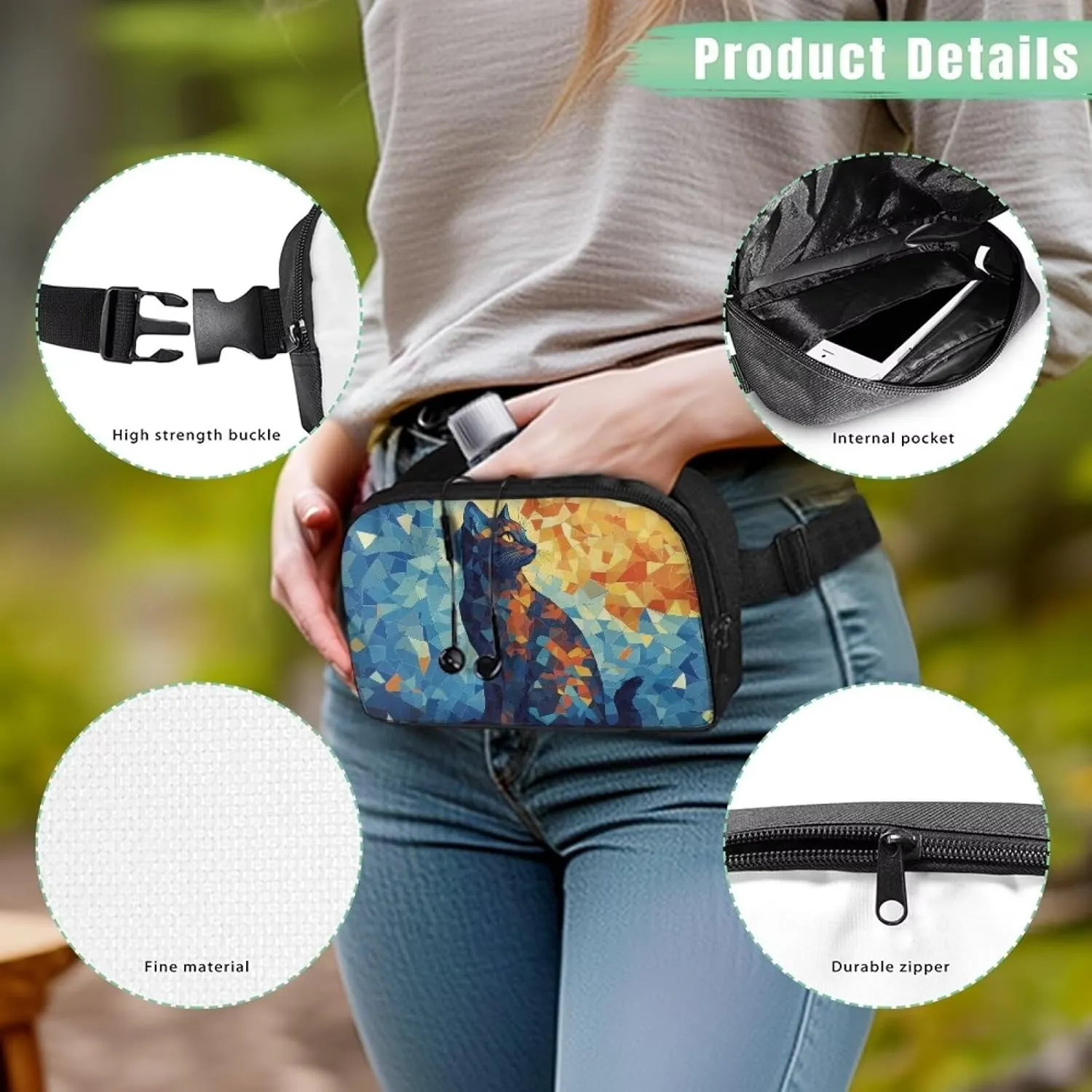 Art Cat Fanny Pack for Women Birthday Gifts for Women Sister Friends Practical Portable Waist Pack with Adjustable Strap for Travel Outdoor Shopping Blue Belt Bag Small Personalized