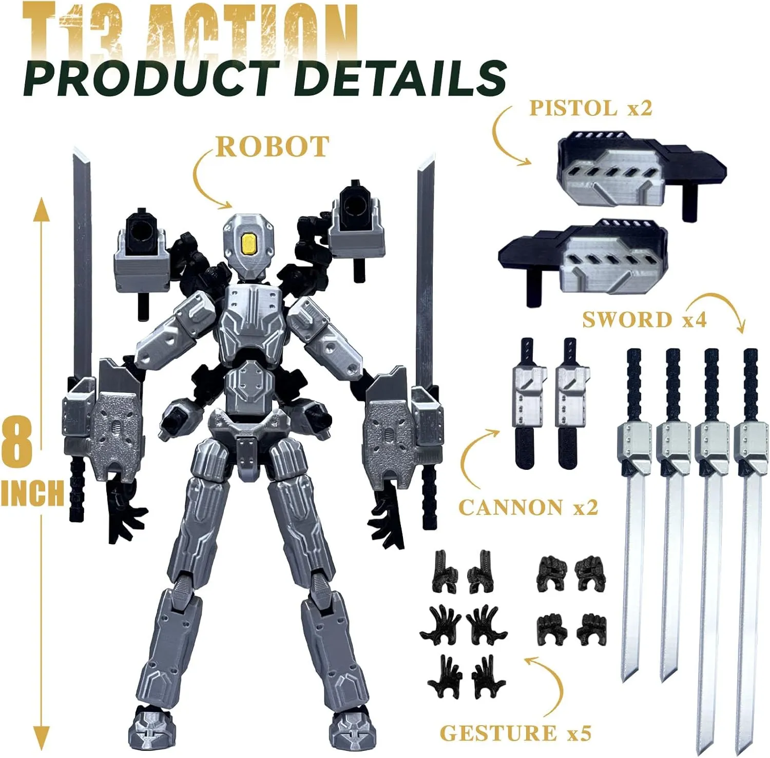 (Assembly Completed) 8 inch T13 Action Figure Set,T 13 Action Figure Multi-Articular Mobile Robot Nova T-13,Desktop Decorations for Game Lovers Toys (Gray)