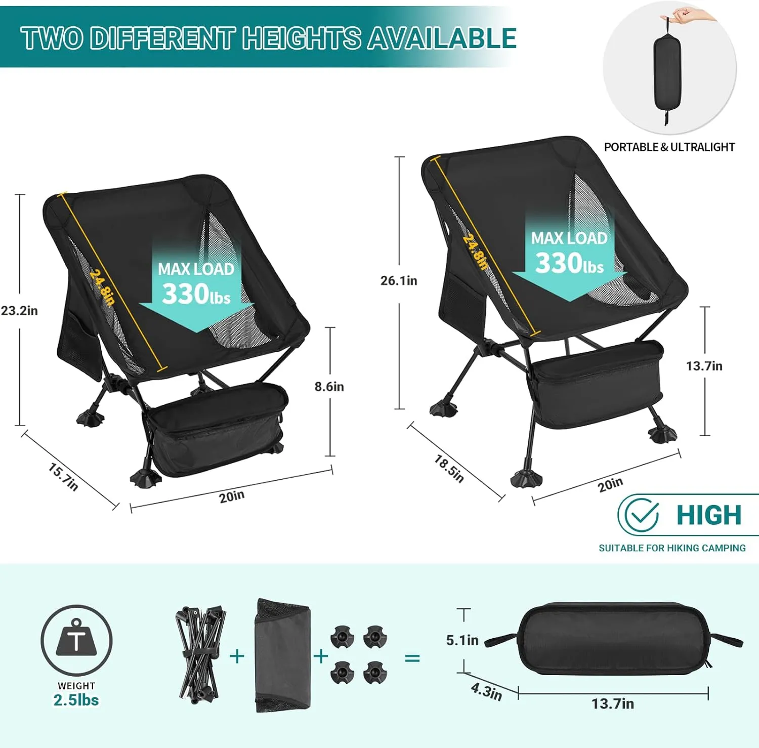ATEPA Backpacking Chair, Ultralight Folding Portable Small Camping Chairs for Adults Compact Foldable Beach Seat with Anti-Sinking Feet & Aluminum Frame for Outdoor Hiking Travel Fishing