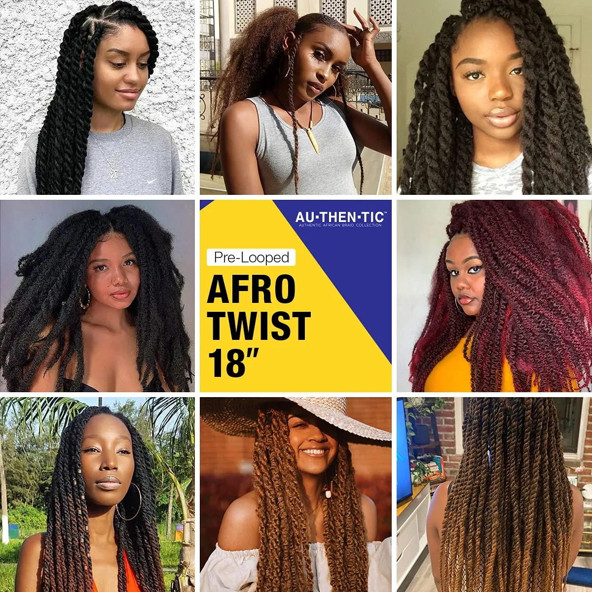 AU-THEN-TIC Afro Kinky Twist Braid Hair Pre Looped Springy Afro Twist Long Braiding Hair for Twist Crochet Braid Synthetic Hair Extensions (18 Inch (Pack of 6), 2-Dark Brown)