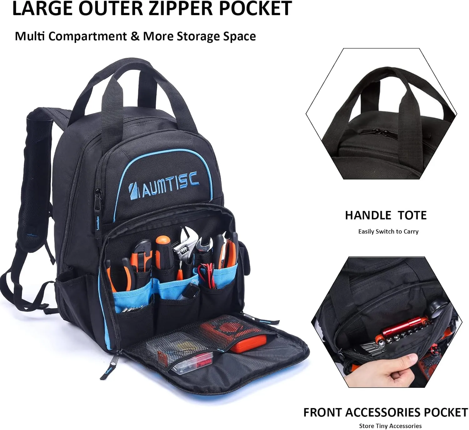 AUMTISC Tool Bag Backpack for Men, Heavy-Duty Tools Storage Organizer Work Bags Backpack for Construction Jobsite, Electrician, Industrial, Repairman, and HVAC Techs, Blue