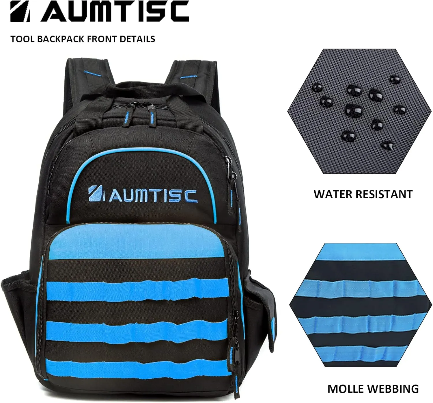 AUMTISC Tool Bag Backpack for Men, Heavy-Duty Tools Storage Organizer Work Bags Backpack for Construction Jobsite, Electrician, Industrial, Repairman, and HVAC Techs, Blue
