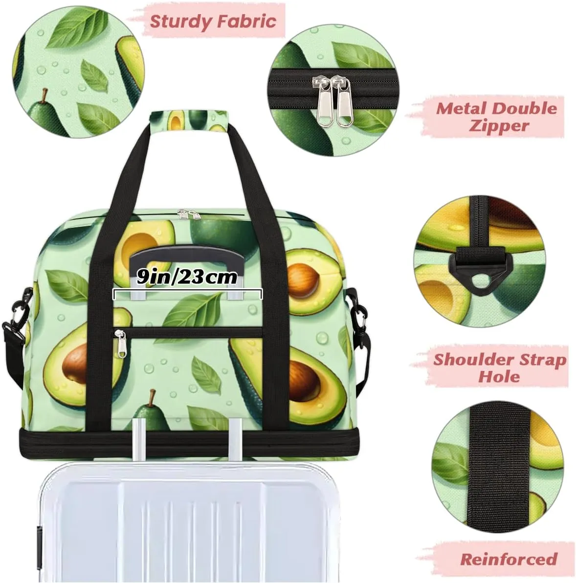 Avocado Fruit Foldable Travel Duffel Bag Overnight Weekender Bag with Shoes Compartment Sports Gym Bag for Men Women