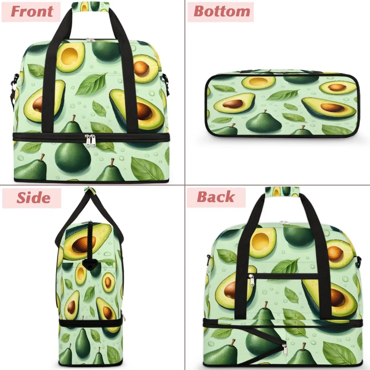 Avocado Fruit Foldable Travel Duffel Bag Overnight Weekender Bag with Shoes Compartment Sports Gym Bag for Men Women