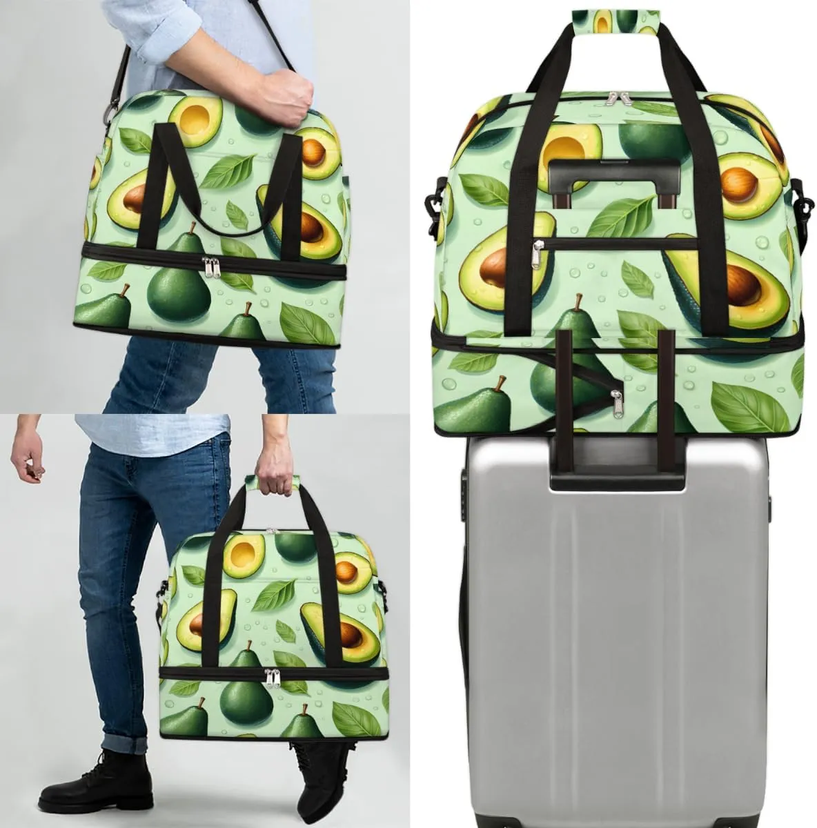 Avocado Fruit Foldable Travel Duffel Bag Overnight Weekender Bag with Shoes Compartment Sports Gym Bag for Men Women