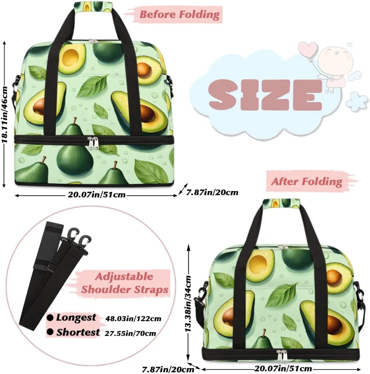 Avocado Fruit Foldable Travel Duffel Bag Overnight Weekender Bag with Shoes Compartment Sports Gym Bag for Men Women