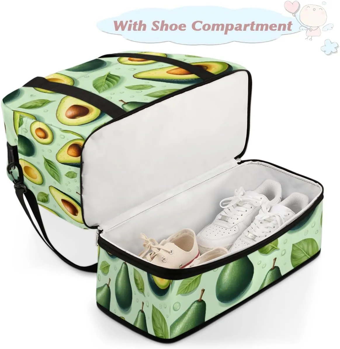 Avocado Fruit Foldable Travel Duffel Bag Overnight Weekender Bag with Shoes Compartment Sports Gym Bag for Men Women