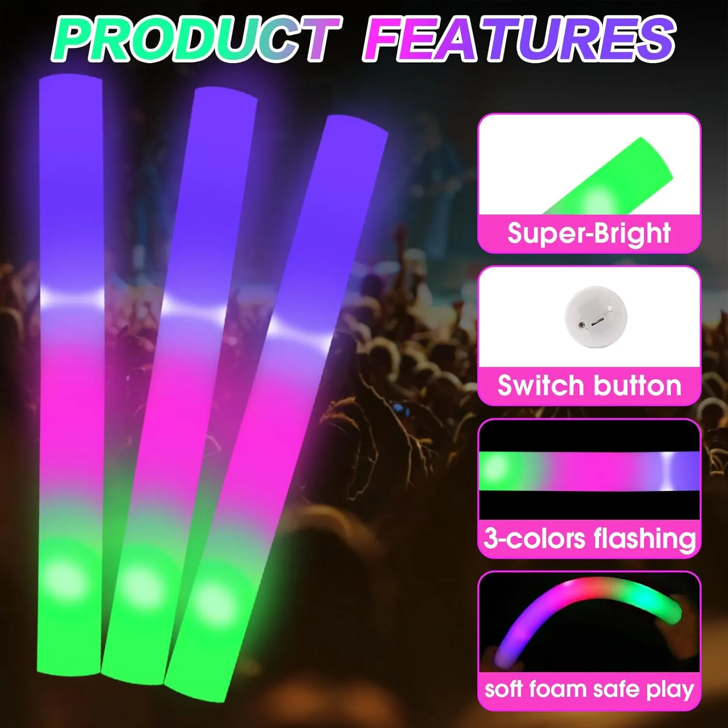 AWANG 210 Pcs Glow Sticks With 3 Modes Colorful Flashing Glow In The Dark Party Supplies Multicolor Bulk LED Foam Glow Sticks For Wedding Raves Sporting Events Glow Party Birthday Camping