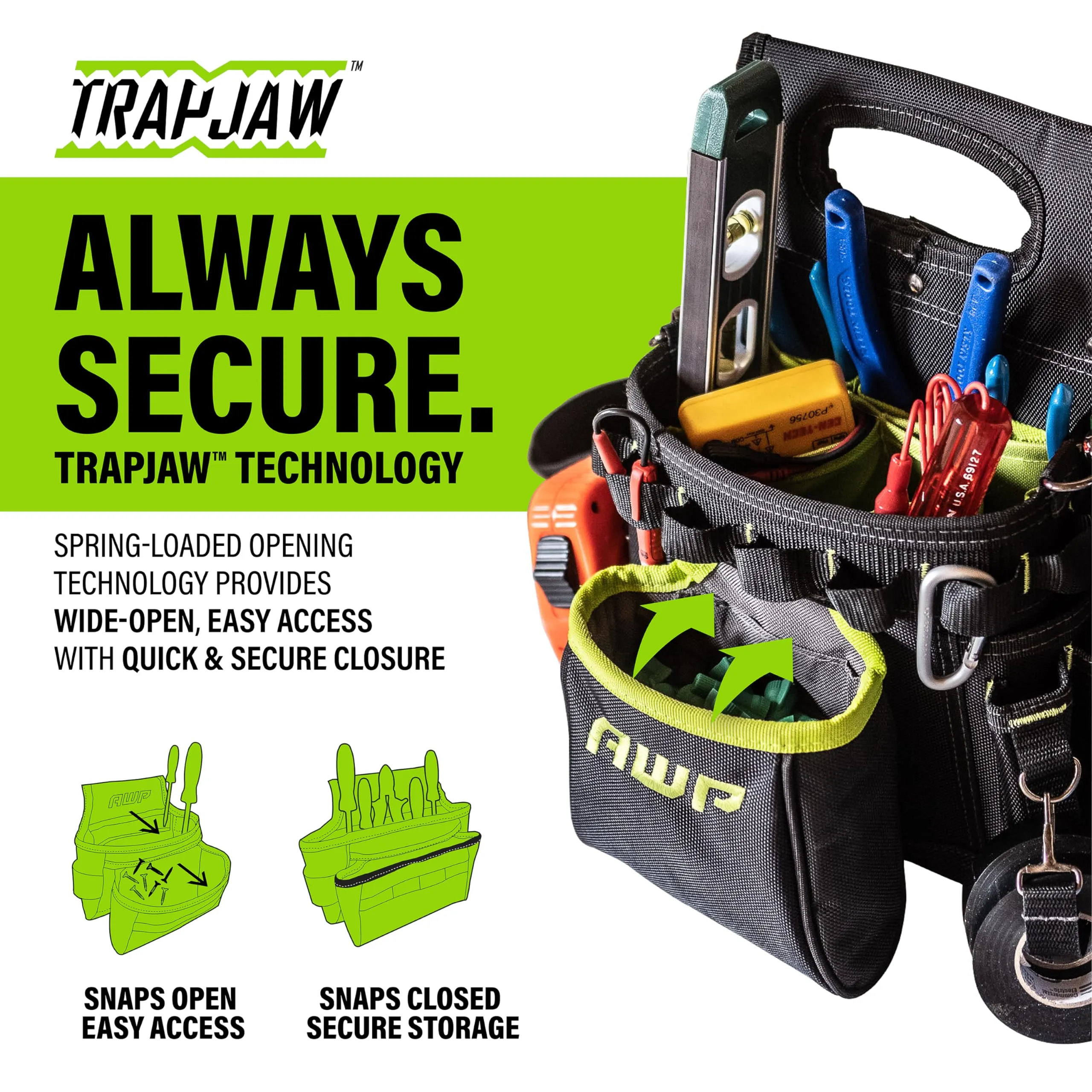 AWP TrapJaw 3-in-1 Electrician Tool Pouch with Spring-Loaded Technology, Designed for Professional Electricians and Maintenance Repair Technicians,Black Portable Tool Box