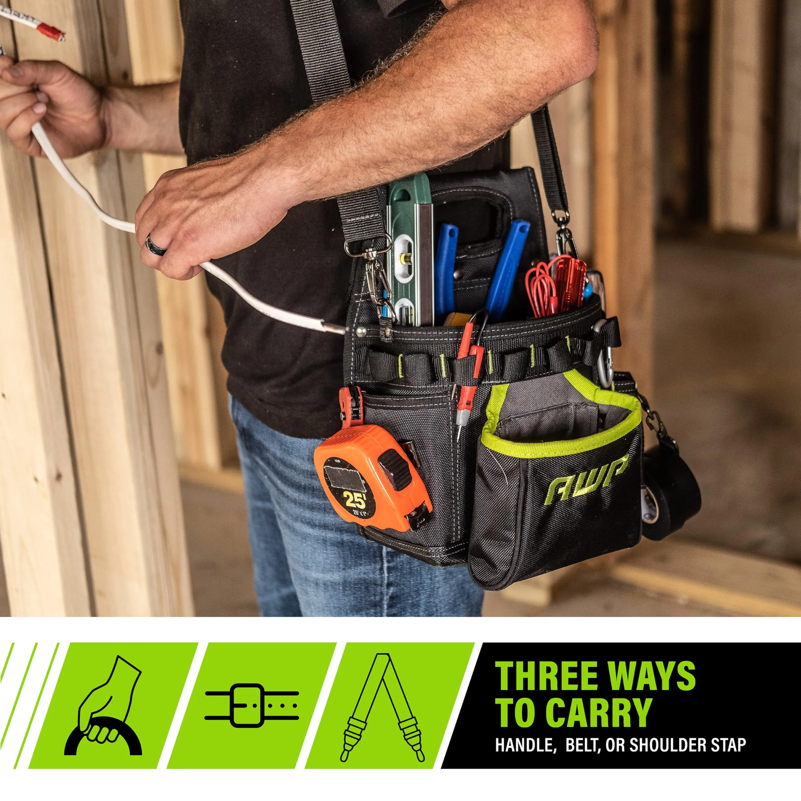 AWP TrapJaw 3-in-1 Electrician Tool Pouch with Spring-Loaded Technology, Designed for Professional Electricians and Maintenance Repair Technicians,Black Portable Tool Box