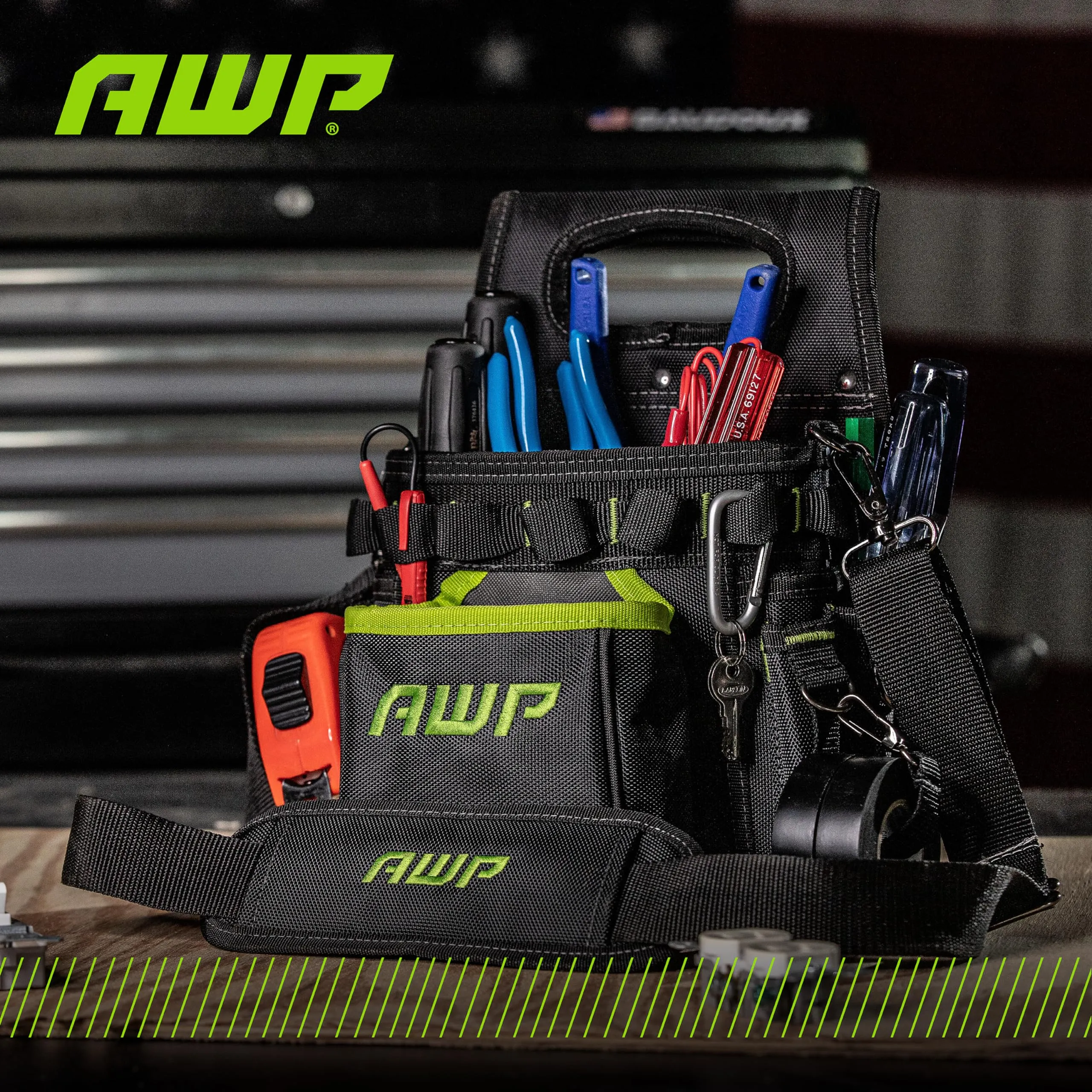 AWP TrapJaw 3-in-1 Electrician Tool Pouch with Spring-Loaded Technology, Designed for Professional Electricians and Maintenance Repair Technicians,Black Portable Tool Box