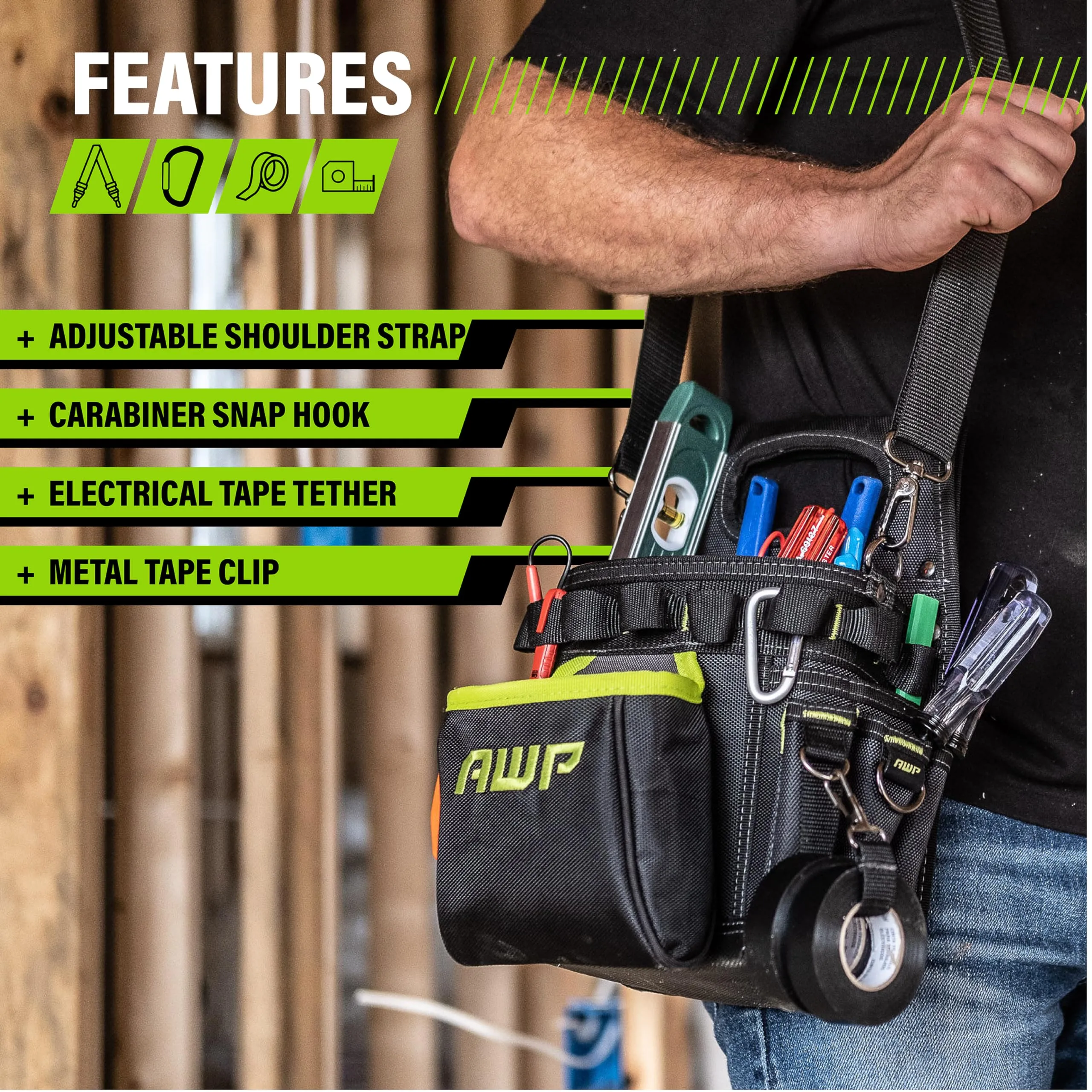 AWP TrapJaw 3-in-1 Electrician Tool Pouch with Spring-Loaded Technology, Designed for Professional Electricians and Maintenance Repair Technicians,Black Portable Tool Box
