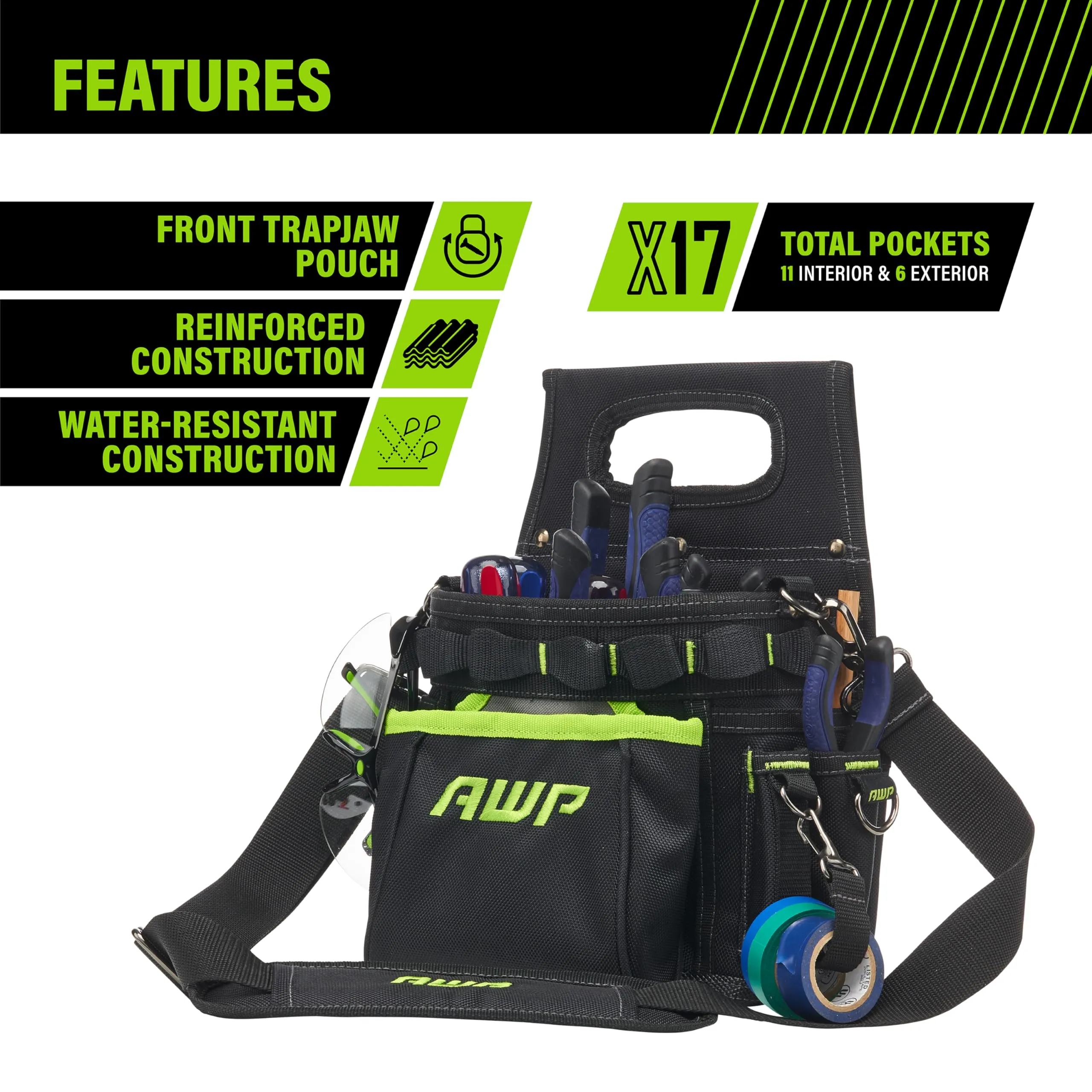 AWP TrapJaw 3-in-1 Electrician Tool Pouch with Spring-Loaded Technology, Designed for Professional Electricians and Maintenance Repair Technicians,Black Portable Tool Box