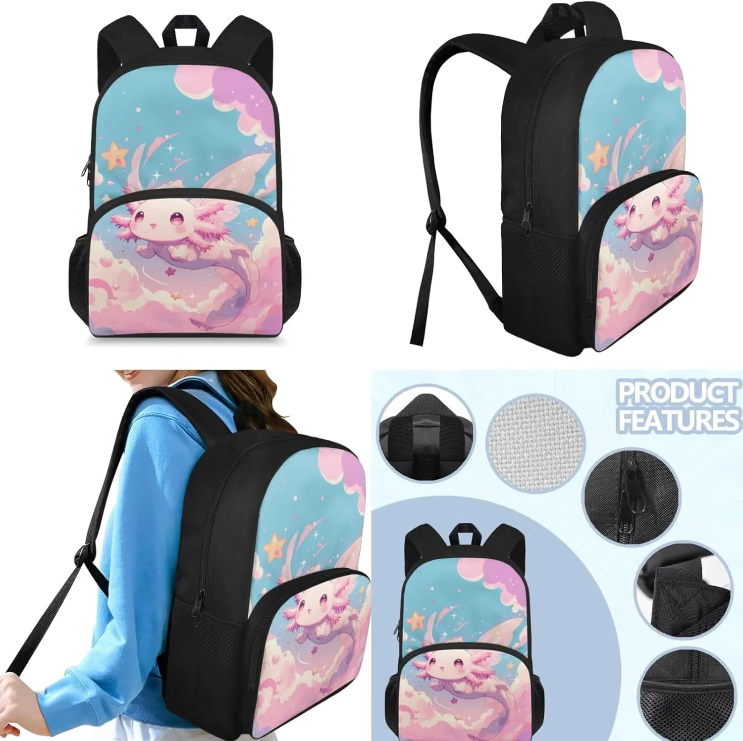 Axolotl Backpack and Lunch Box for Girls 6-8/8-10/10-12 Pink Kids Elementary School Bookbag for 1st Grade Lunchbox Set 15in Preschool Book Bags with Lunch Bag Pencil Case 3 in 1 Back Pack