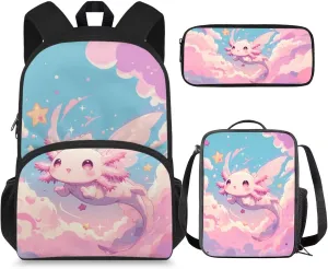 Axolotl Backpack and Lunch Box for Girls 6-8/8-10/10-12 Pink Kids Elementary School Bookbag for 1st Grade Lunchbox Set 15in Preschool Book Bags with Lunch Bag Pencil Case 3 in 1 Back Pack