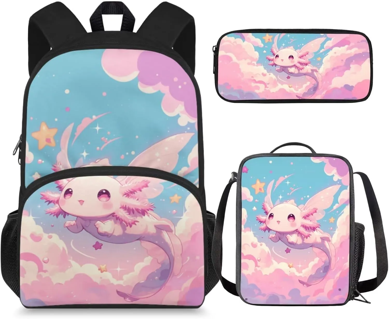 Axolotl Backpack and Lunch Box for Girls 6-8/8-10/10-12 Pink Kids Elementary School Bookbag for 1st Grade Lunchbox Set 15in Preschool Book Bags with Lunch Bag Pencil Case 3 in 1 Back Pack