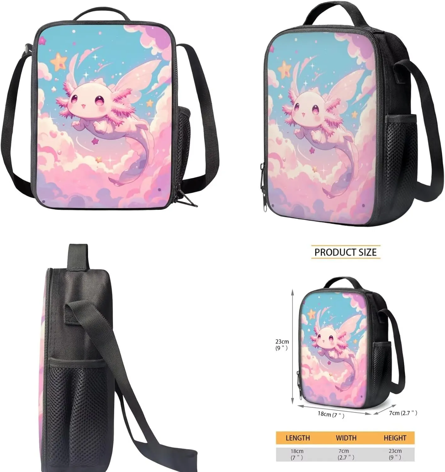 Axolotl Backpack and Lunch Box for Girls 6-8/8-10/10-12 Pink Kids Elementary School Bookbag for 1st Grade Lunchbox Set 15in Preschool Book Bags with Lunch Bag Pencil Case 3 in 1 Back Pack