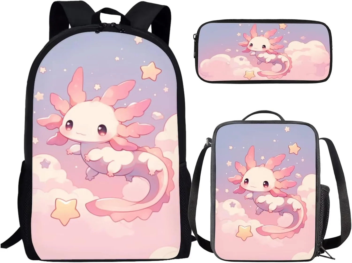 Axolotl Backpack for Girls with Lunch Box 6-8/8-10/10-12 Kids Bookbags for 1st Grade and Lunch Bag Set 3 in 1 Elementary School Back Pack Lunchbox Pencil Case Preschool Book Bags Schoolbag