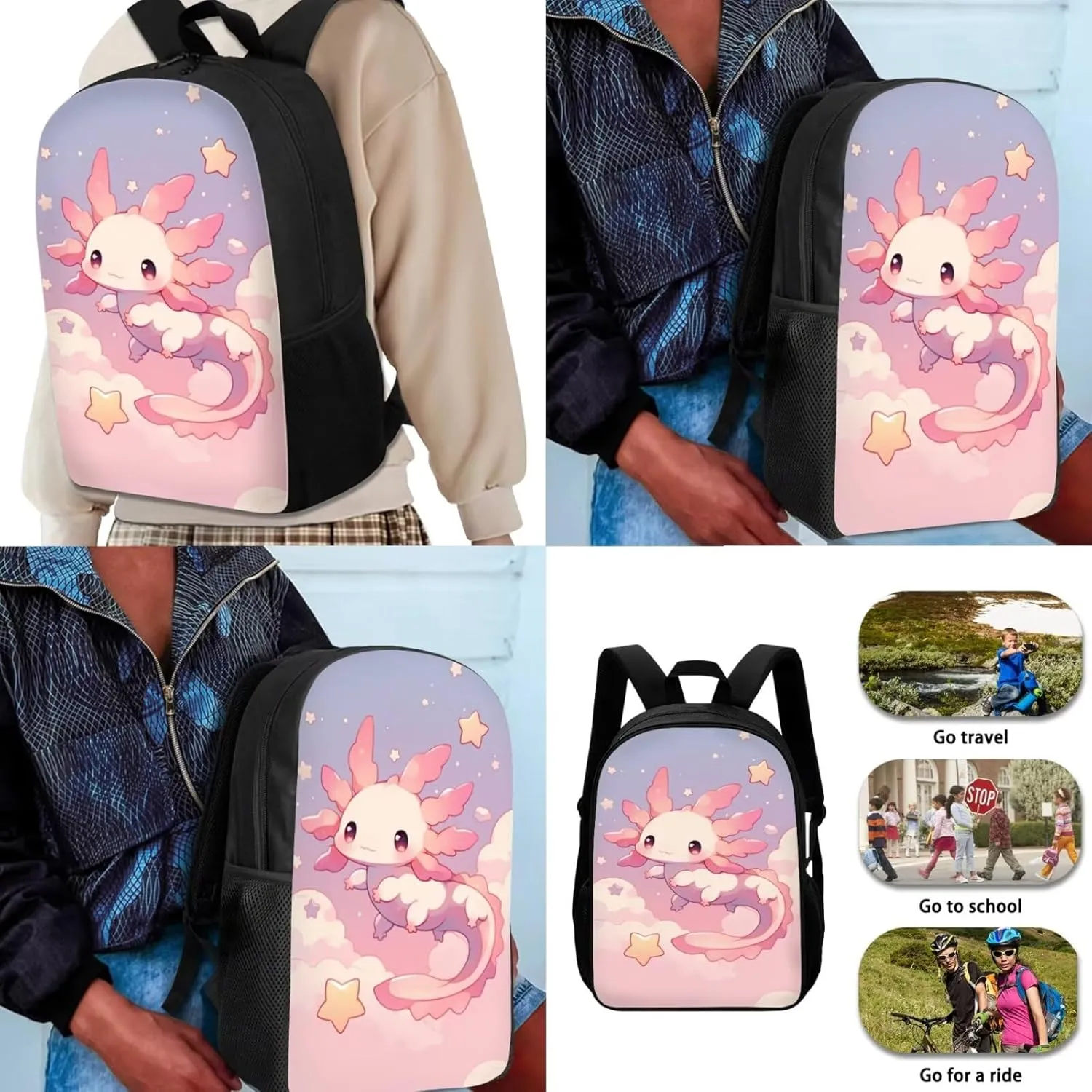 Axolotl Backpack for Girls with Lunch Box 6-8/8-10/10-12 Kids Bookbags for 1st Grade and Lunch Bag Set 3 in 1 Elementary School Back Pack Lunchbox Pencil Case Preschool Book Bags Schoolbag