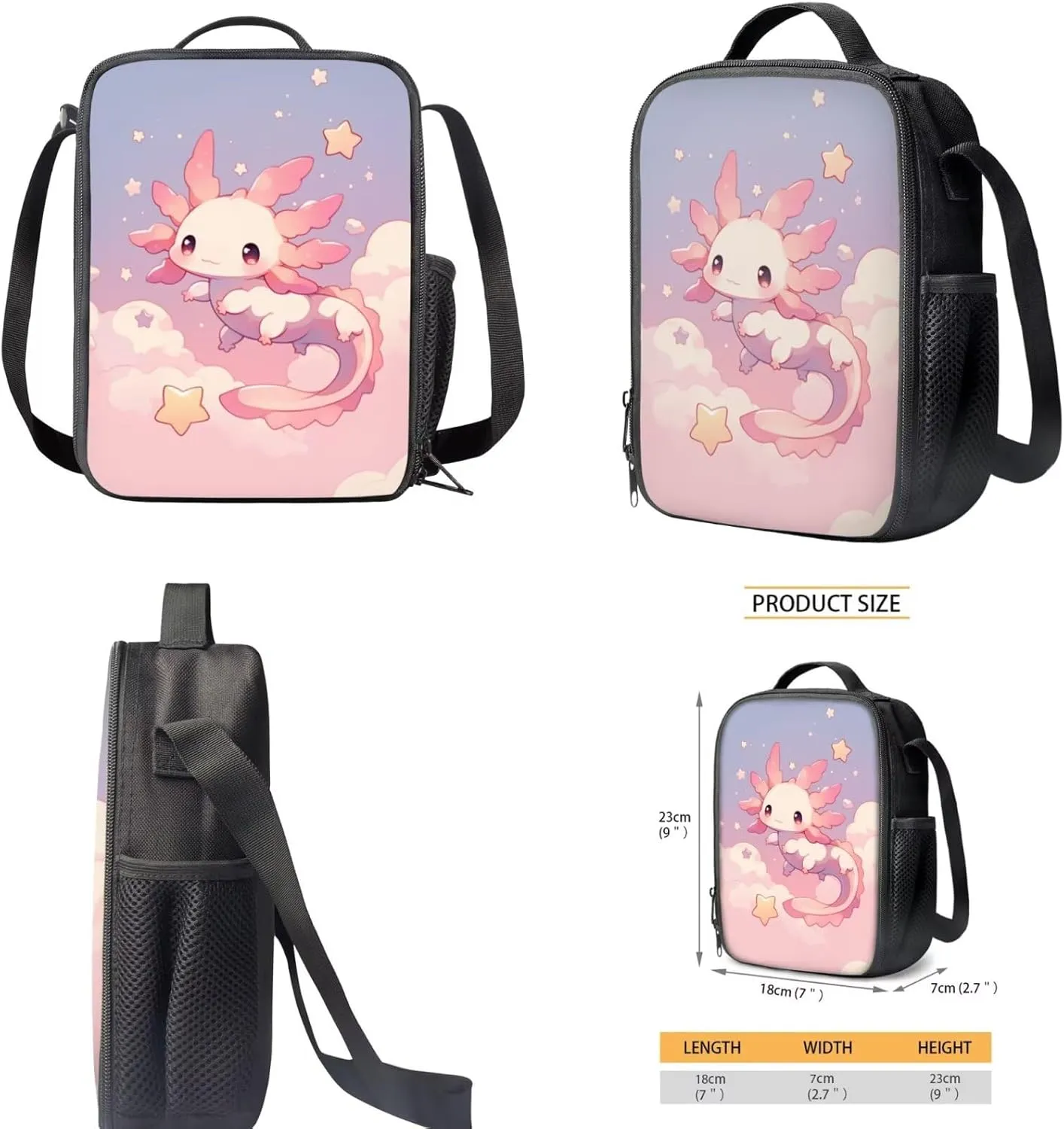 Axolotl Backpack for Girls with Lunch Box 6-8/8-10/10-12 Kids Bookbags for 1st Grade and Lunch Bag Set 3 in 1 Elementary School Back Pack Lunchbox Pencil Case Preschool Book Bags Schoolbag