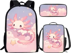 Axolotl Backpack for Girls with Lunch Box 6-8/8-10/10-12 Kids Bookbags for 1st Grade and Lunch Bag Set 3 in 1 Elementary School Back Pack Lunchbox Pencil Case Preschool Book Bags Schoolbag