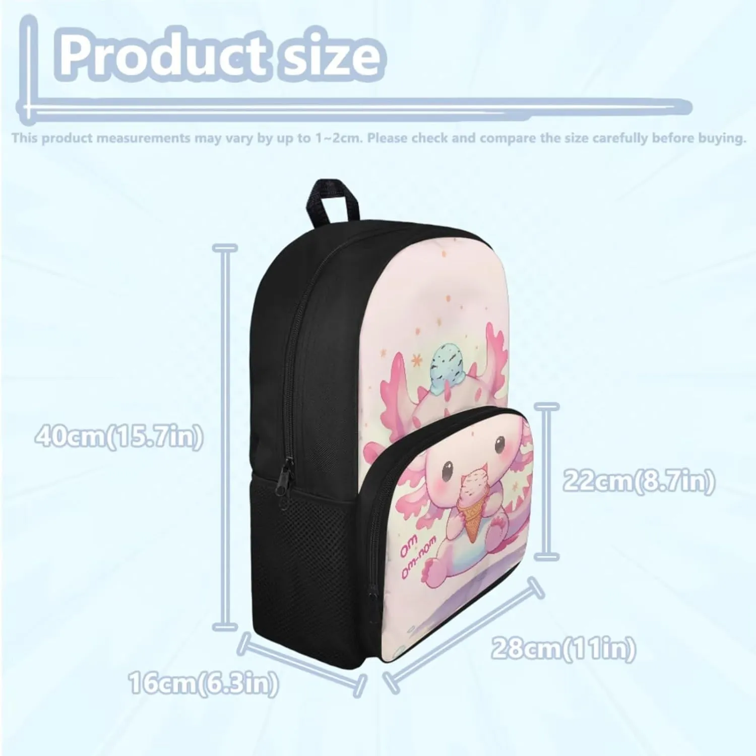 Axolotl Backpack for School Girls 2nd Grade with Lunch Box Ice Cream Kids Bookbag and Lunchbox Set 3 in 1 Elementary Book Bags Lunch Bag Pencil Case 15in Middle Schoolbag Back Pack