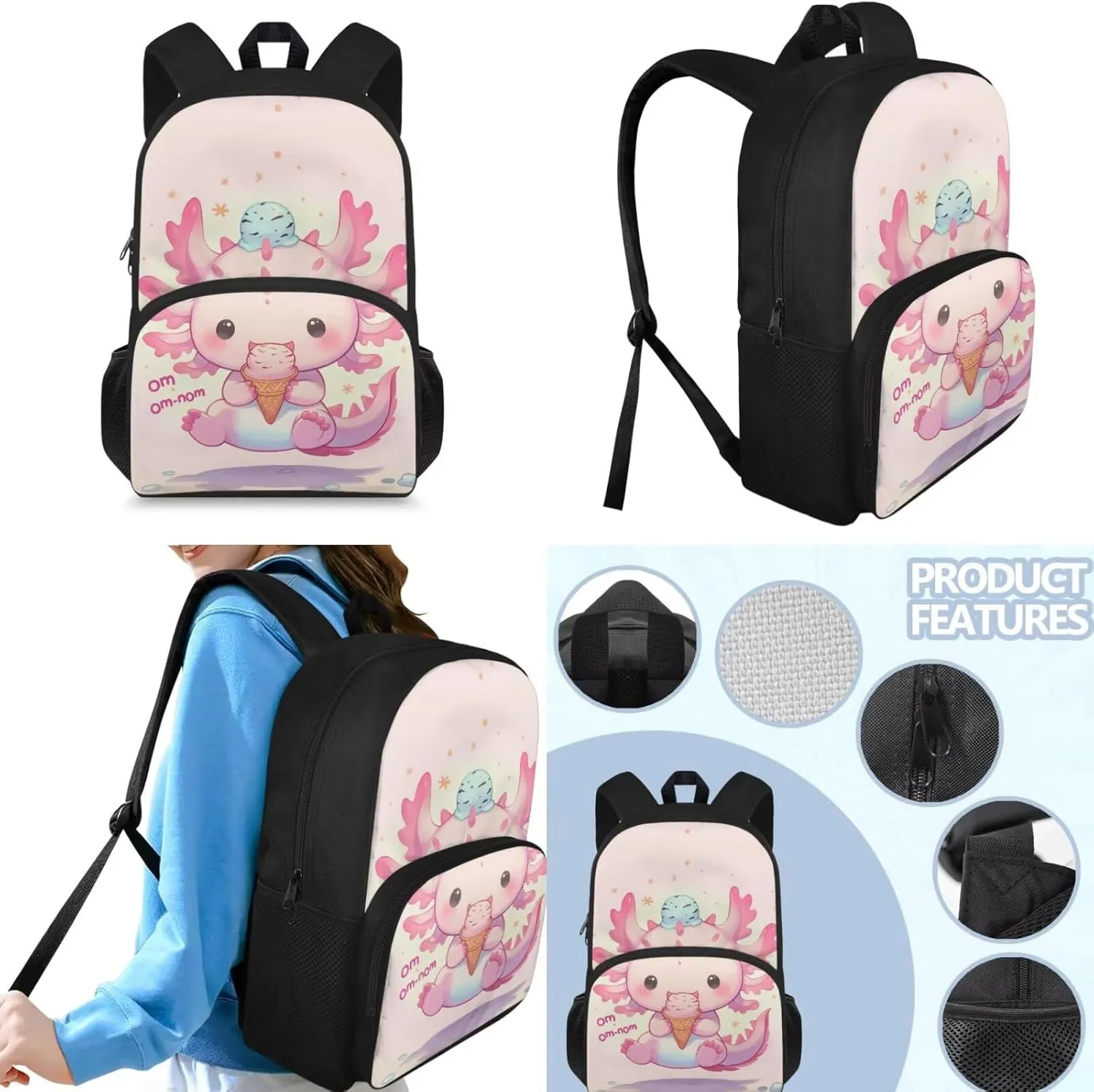 Axolotl Backpack for School Girls 2nd Grade with Lunch Box Ice Cream Kids Bookbag and Lunchbox Set 3 in 1 Elementary Book Bags Lunch Bag Pencil Case 15in Middle Schoolbag Back Pack