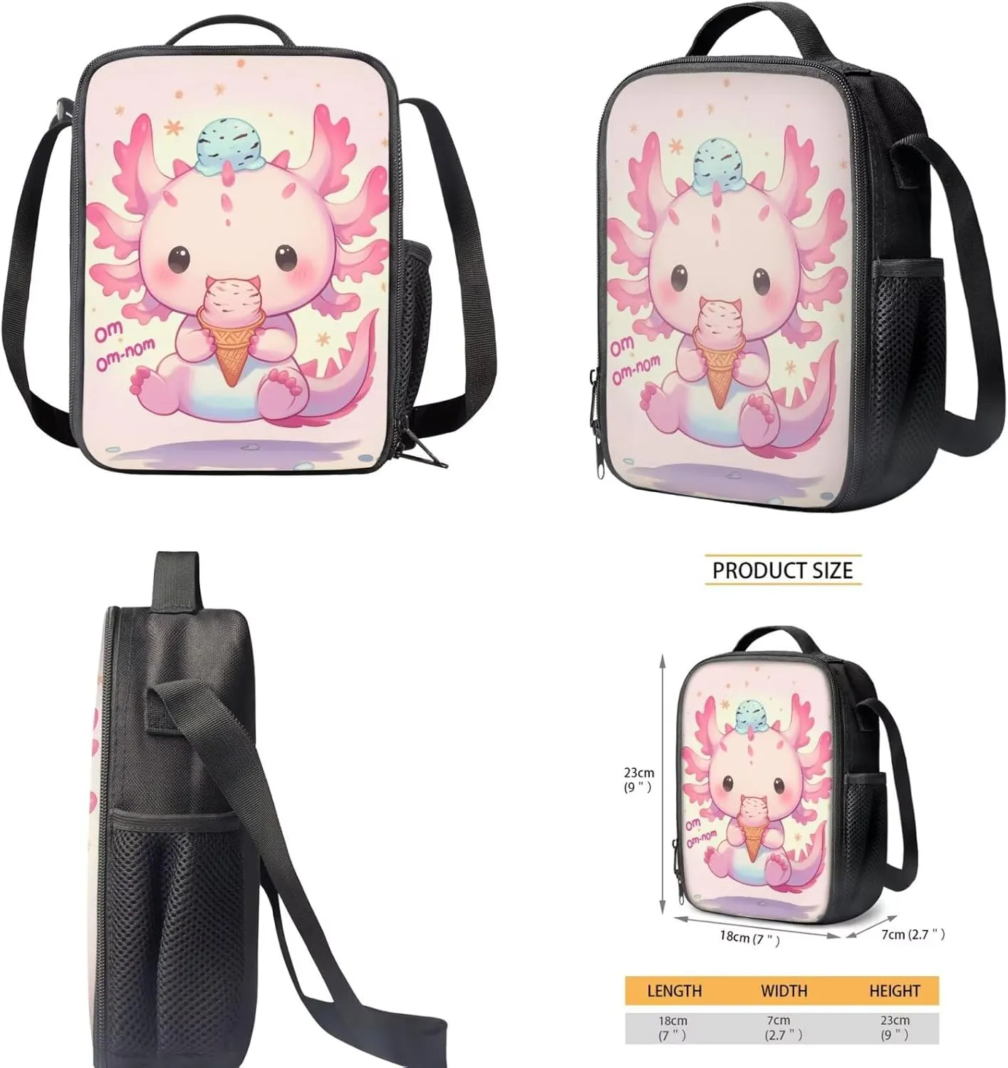 Axolotl Backpack for School Girls 2nd Grade with Lunch Box Ice Cream Kids Bookbag and Lunchbox Set 3 in 1 Elementary Book Bags Lunch Bag Pencil Case 15in Middle Schoolbag Back Pack