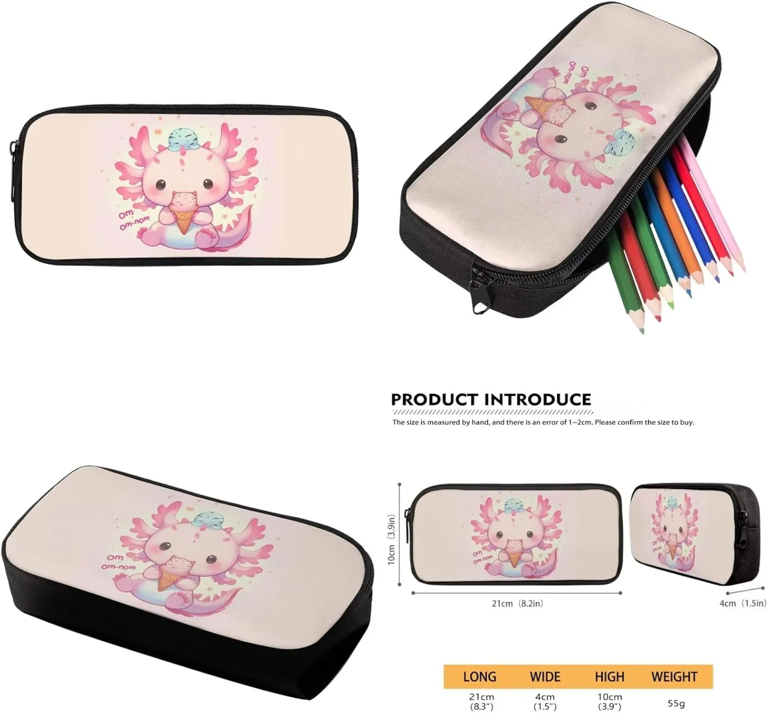 Axolotl Backpack for School Girls 2nd Grade with Lunch Box Ice Cream Kids Bookbag and Lunchbox Set 3 in 1 Elementary Book Bags Lunch Bag Pencil Case 15in Middle Schoolbag Back Pack