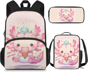 Axolotl Backpack for School Girls 2nd Grade with Lunch Box Ice Cream Kids Bookbag and Lunchbox Set 3 in 1 Elementary Book Bags Lunch Bag Pencil Case 15in Middle Schoolbag Back Pack