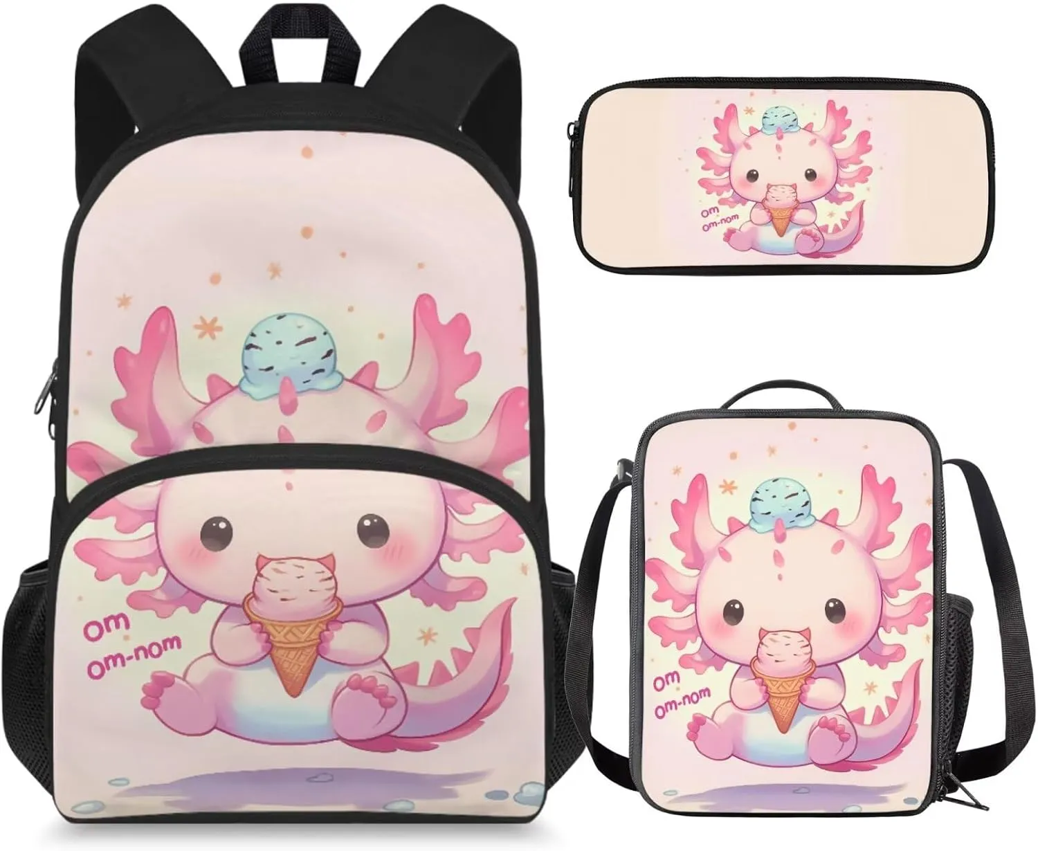 Axolotl Backpack for School Girls 2nd Grade with Lunch Box Ice Cream Kids Bookbag and Lunchbox Set 3 in 1 Elementary Book Bags Lunch Bag Pencil Case 15in Middle Schoolbag Back Pack