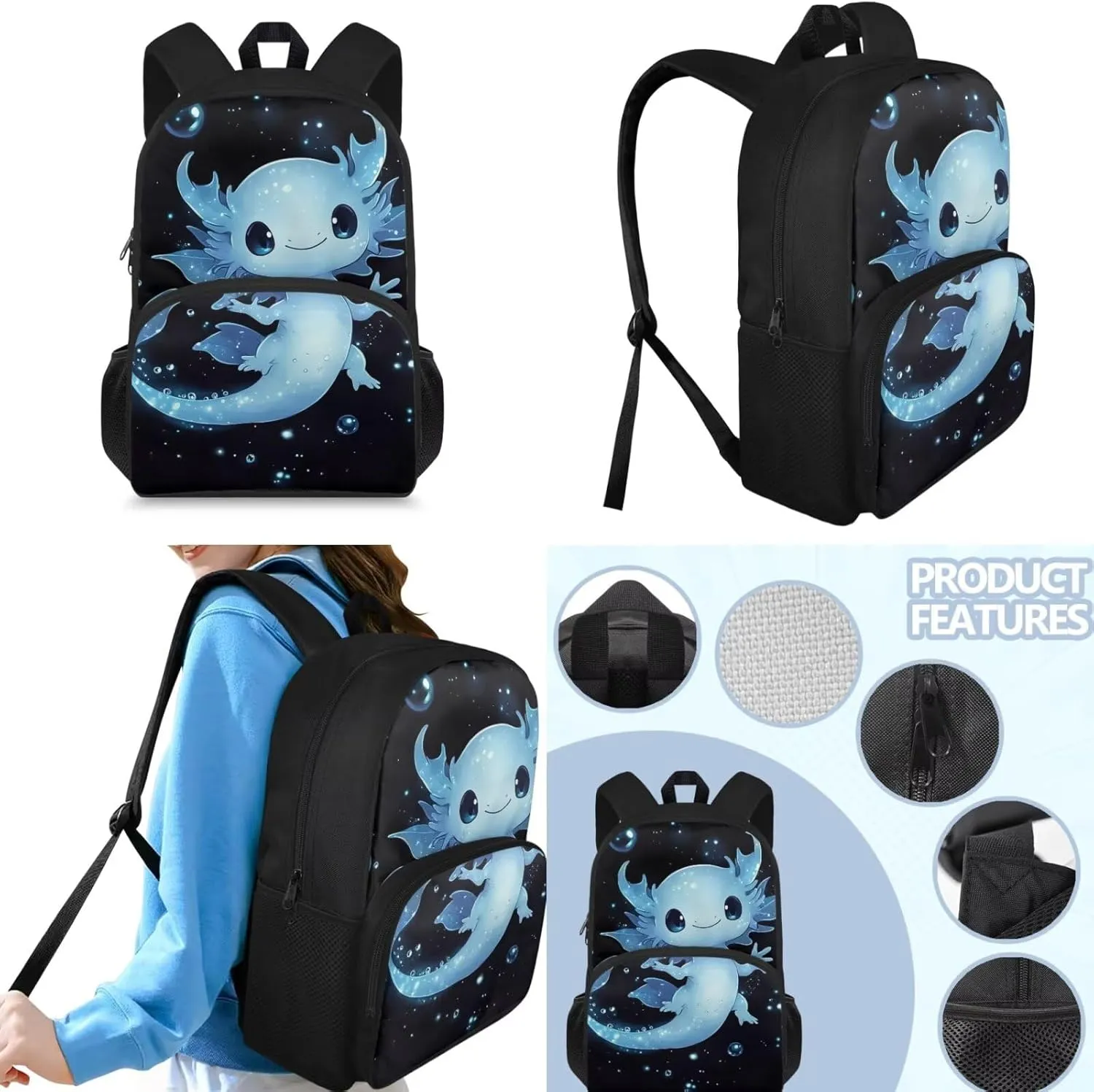 Axolotl Backpack for School Girls 4th Grade Lunch Box Preppy Elementary Schoolbag with Lunch Bag 15in Kids Bookbag and Lunchbox Pencil Case 3 in 1 Back Pack Middle Student Book Bags