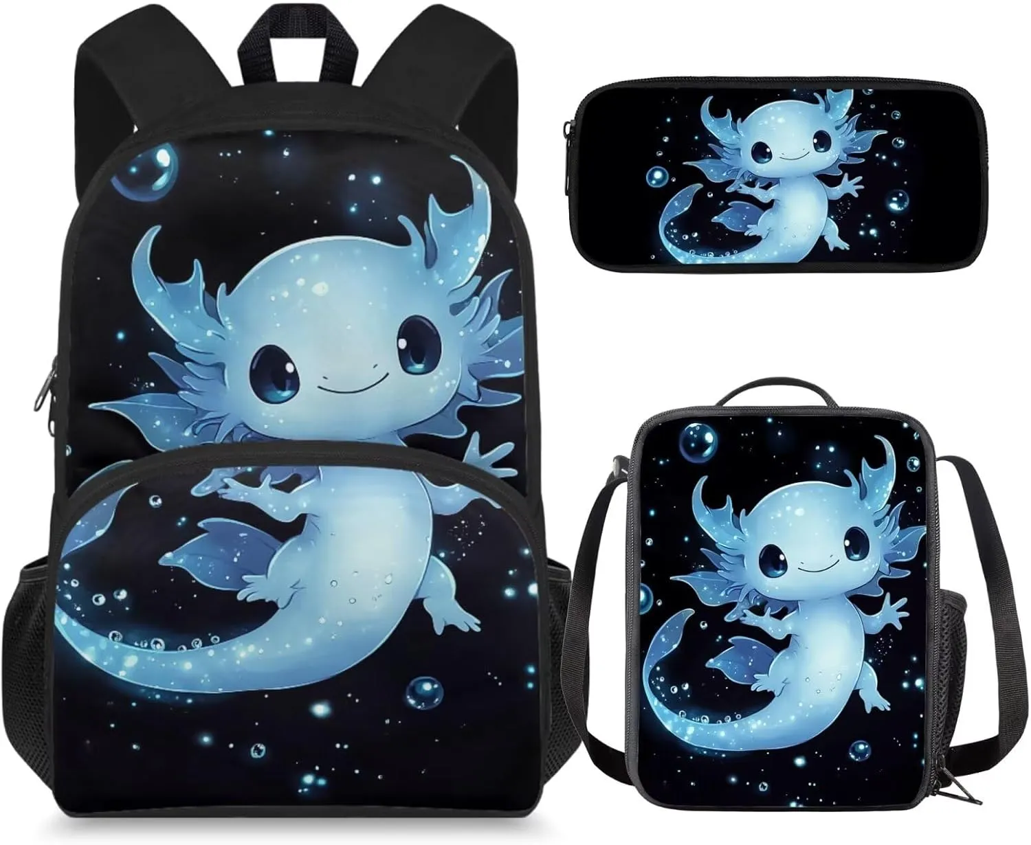 Axolotl Backpack for School Girls 4th Grade Lunch Box Preppy Elementary Schoolbag with Lunch Bag 15in Kids Bookbag and Lunchbox Pencil Case 3 in 1 Back Pack Middle Student Book Bags