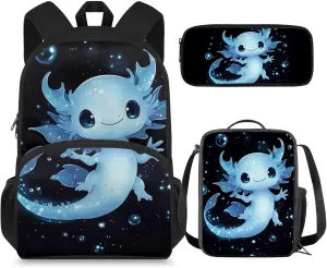Axolotl Backpack for School Girls 4th Grade Lunch Box Preppy Elementary Schoolbag with Lunch Bag 15in Kids Bookbag and Lunchbox Pencil Case 3 in 1 Back Pack Middle Student Book Bags