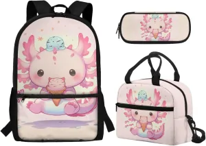 Axolotl School Backpack for Girls with Lunch Box 5-6/6-8/10-12 Ice Cream Kids Bookbag for 1st Grade Elementary Schoolbag and Lunch Bag Set 17in Primary Back Pack Preppy Book Bags Lunchbox