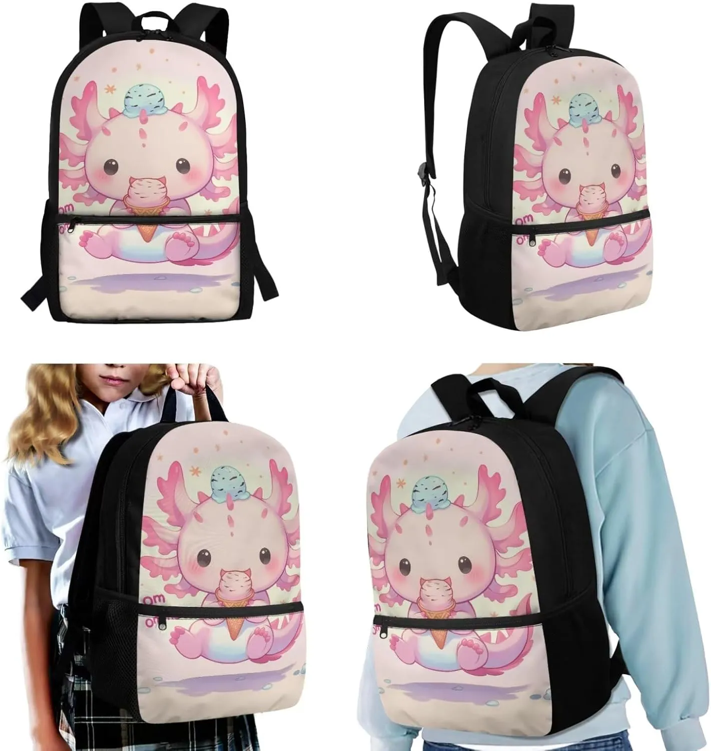 Axolotl School Backpack for Girls with Lunch Box 5-6/6-8/10-12 Ice Cream Kids Bookbag for 1st Grade Elementary Schoolbag and Lunch Bag Set 17in Primary Back Pack Preppy Book Bags Lunchbox