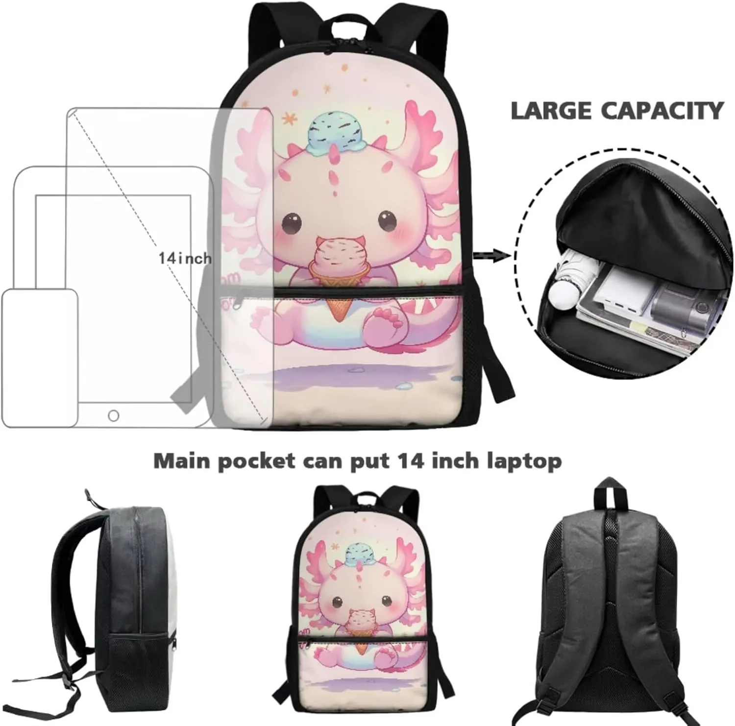 Axolotl School Backpack for Girls with Lunch Box 5-6/6-8/10-12 Ice Cream Kids Bookbag for 1st Grade Elementary Schoolbag and Lunch Bag Set 17in Primary Back Pack Preppy Book Bags Lunchbox