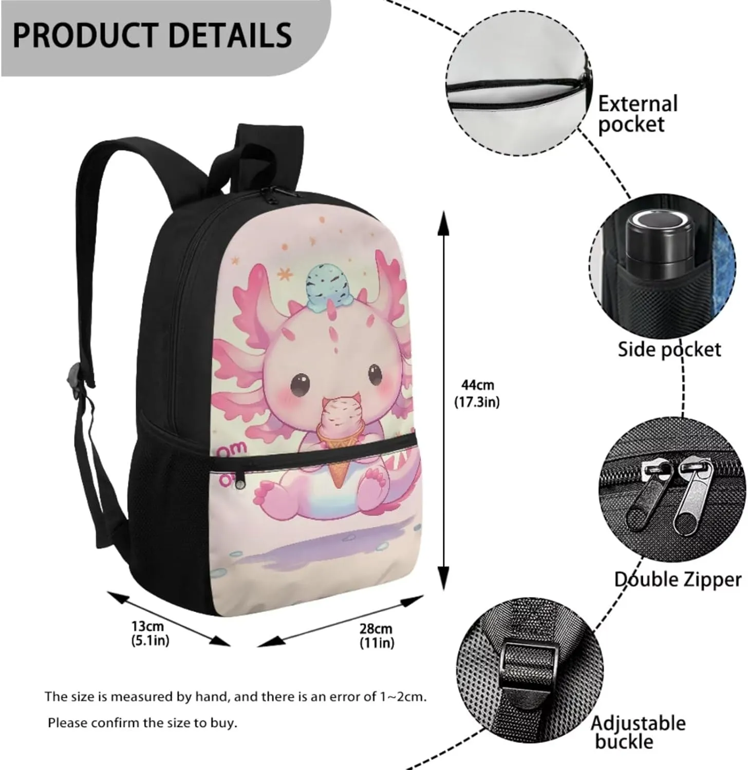 Axolotl School Backpack for Girls with Lunch Box 5-6/6-8/10-12 Ice Cream Kids Bookbag for 1st Grade Elementary Schoolbag and Lunch Bag Set 17in Primary Back Pack Preppy Book Bags Lunchbox