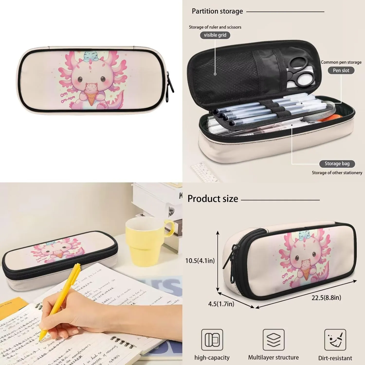 Axolotl School Backpack for Girls with Lunch Box 5-6/6-8/10-12 Ice Cream Kids Bookbag for 1st Grade Elementary Schoolbag and Lunch Bag Set 17in Primary Back Pack Preppy Book Bags Lunchbox