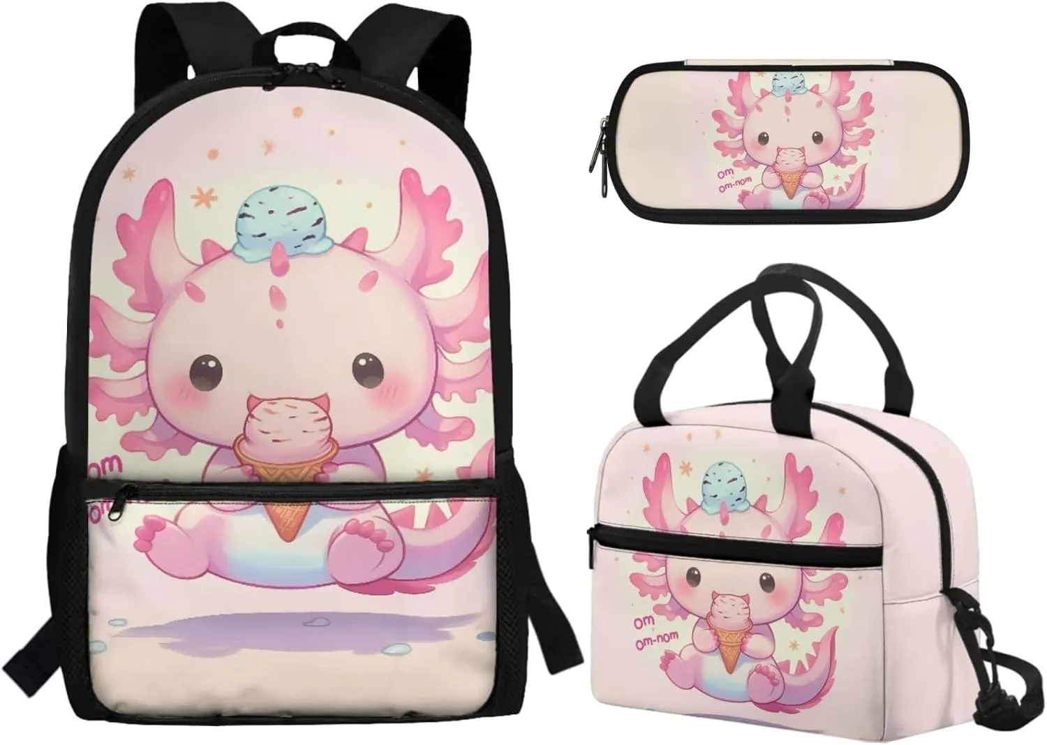 Axolotl School Backpack for Girls with Lunch Box 5-6/6-8/10-12 Ice Cream Kids Bookbag for 1st Grade Elementary Schoolbag and Lunch Bag Set 17in Primary Back Pack Preppy Book Bags Lunchbox