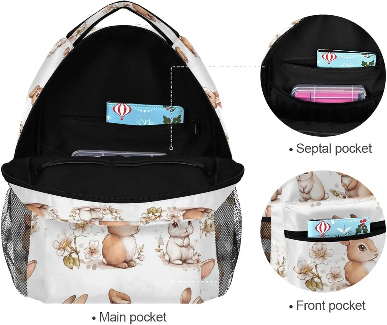 Backpack for Teacher Nurse Waterproof Backpack with Chest Strap for College Work Cartoon Cute Bunny White