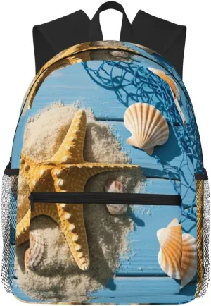 Backpack for Women Men 15.7 in, Lightweight Travel Backpack Waterproof Casual Daypack Laptop Computer Backpacks Carry On Bag Purse for Travel Business Hiking Work, Shell Starfish Sand Wooden