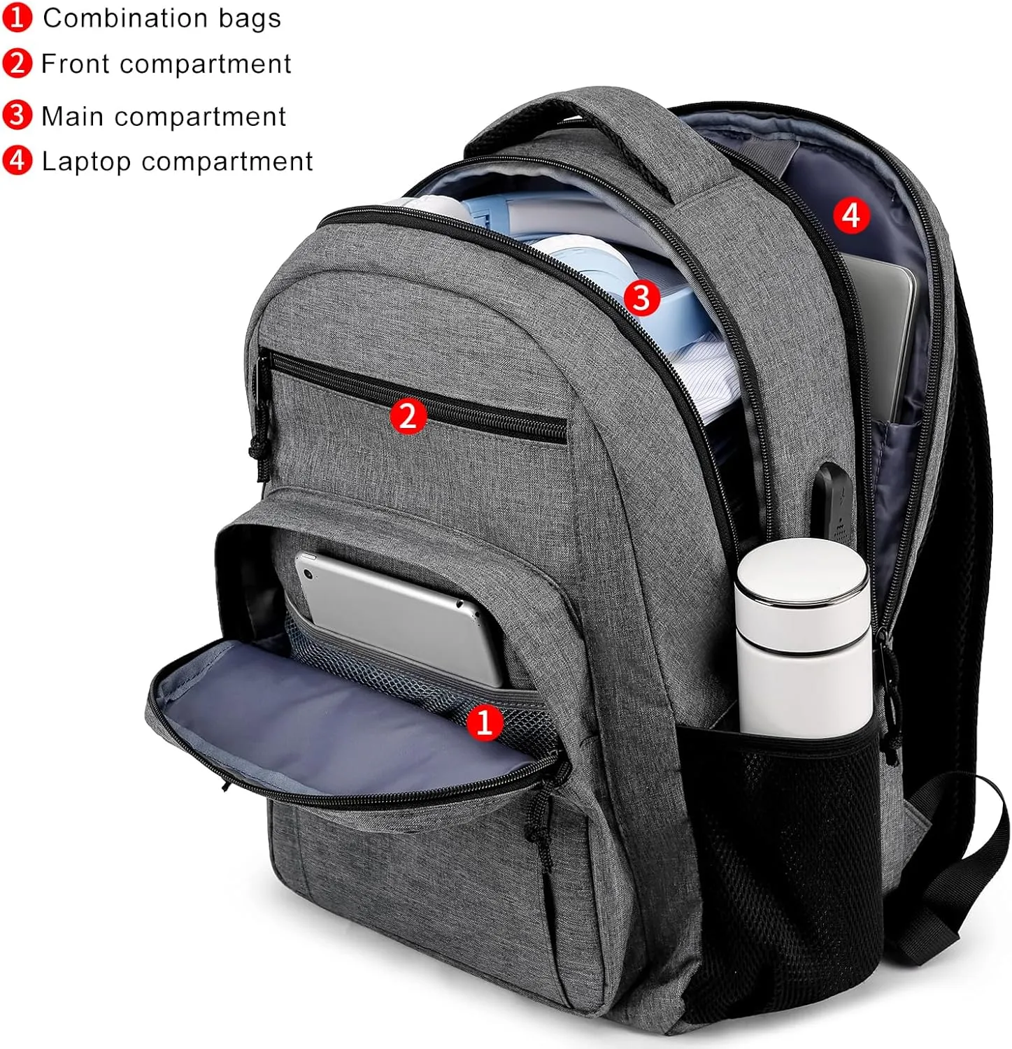 Backpack for Women Men, School Backpacks for Teens Boys and Girls, Laptop Mochila with USB Charging Port, 15.6 Inch Water Resistant Backpack for Work, College, Grey