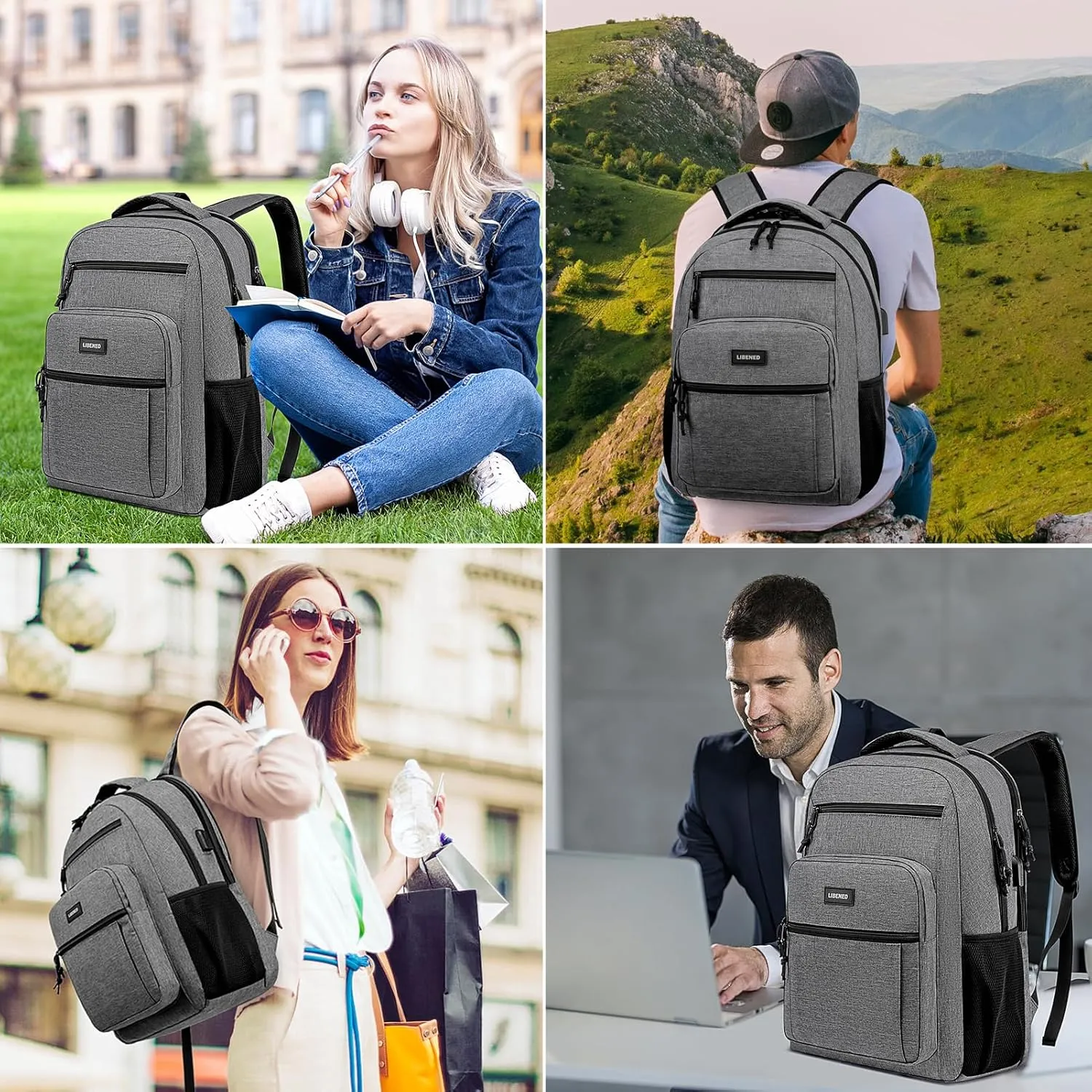 Backpack for Women Men, School Backpacks for Teens Boys and Girls, Laptop Mochila with USB Charging Port, 15.6 Inch Water Resistant Backpack for Work, College, Grey