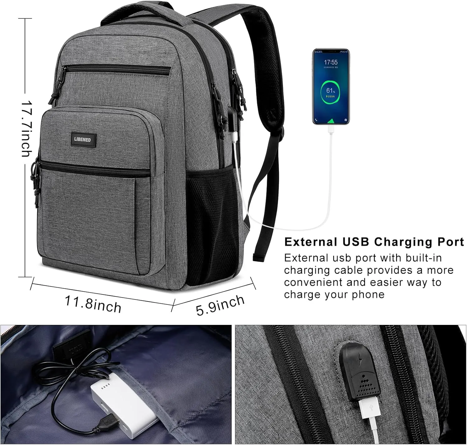 Backpack for Women Men, School Backpacks for Teens Boys and Girls, Laptop Mochila with USB Charging Port, 15.6 Inch Water Resistant Backpack for Work, College, Grey